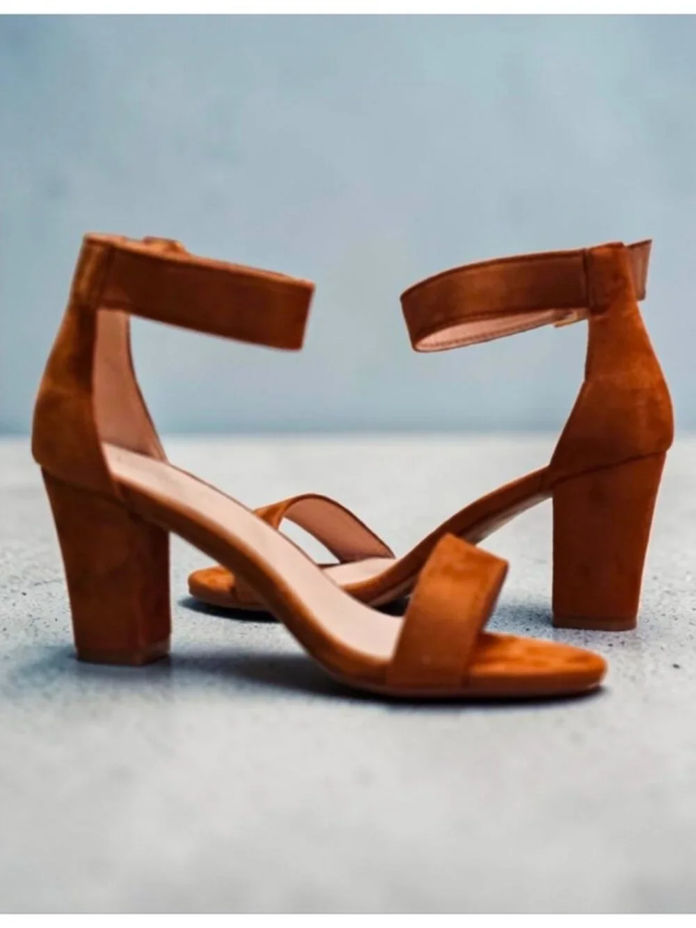 Tan Faux Suede Block Heel Sandals With Adjustable Ankle Strap Open Toe Design Wo - Picture 2 of 14